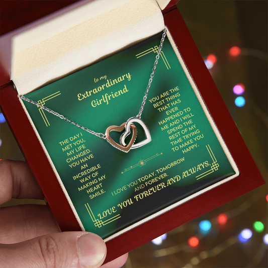 To My Extraordinary Girlfriend - Interlocking Hearts Necklace | Green